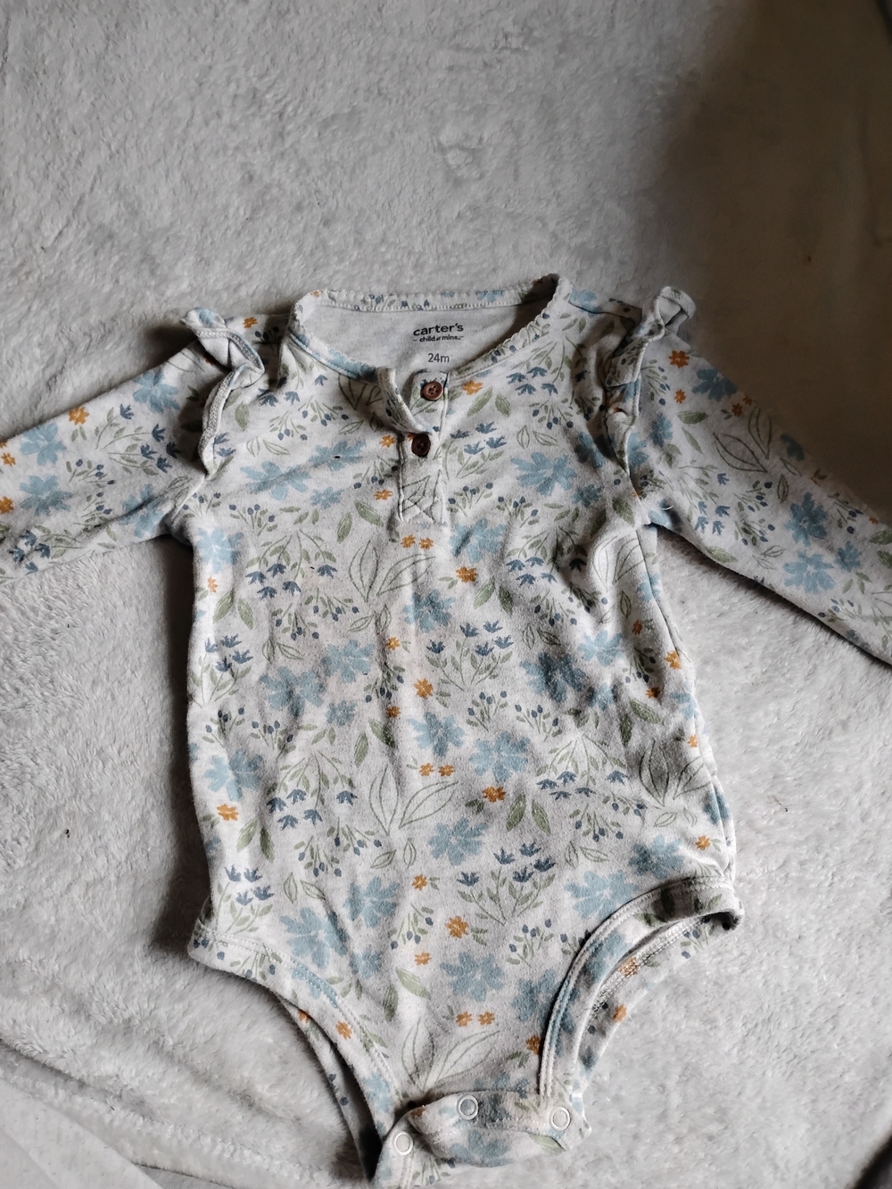 Carter's Floral Ruffle-Sleeve Baby One-Piece in Light Blue, Cream & Green